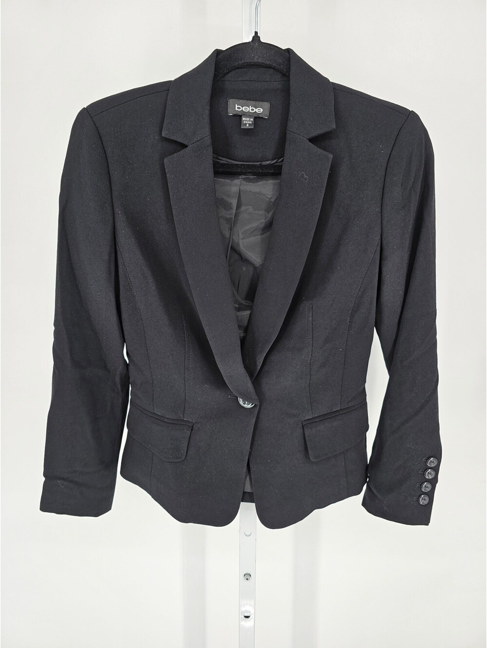 Vtg Y2K Bebe Womens Sz 0 Single Button Fitted Suit Jacket Blazer Black
